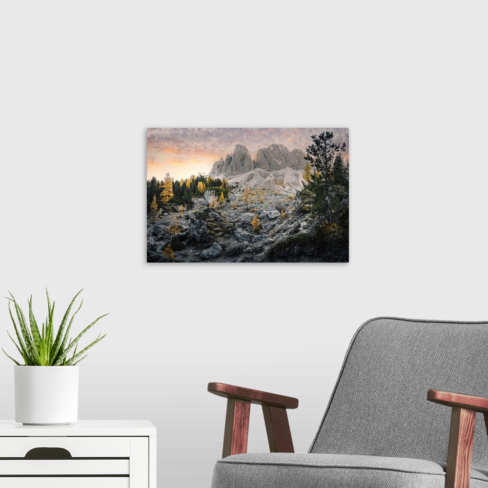 A modern room featuring Sunrise in Odle Mountains group with yellow trees, Funes Valley, South Tyrol, Italy