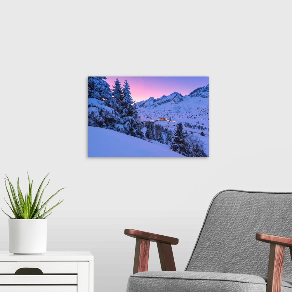 A modern room featuring Sunrise In Tonale Pass, Lombardy District, Brescia Province, Italy.