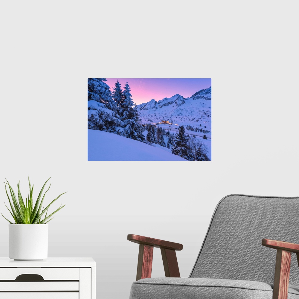 A modern room featuring Sunrise In Tonale Pass, Lombardy District, Brescia Province, Italy.