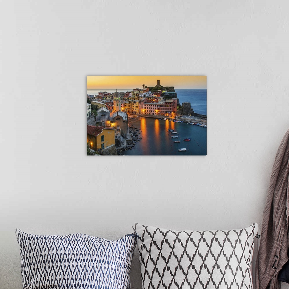 A bohemian room featuring Top view at sunrise of the picturesque sea village of Vernazza, Cinque Terre, Liguria, Italy