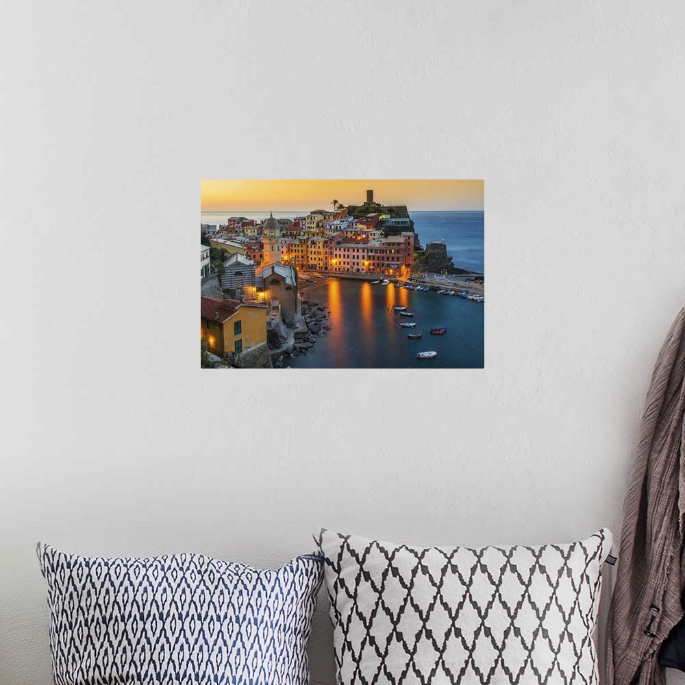 A bohemian room featuring Top view at sunrise of the picturesque sea village of Vernazza, Cinque Terre, Liguria, Italy