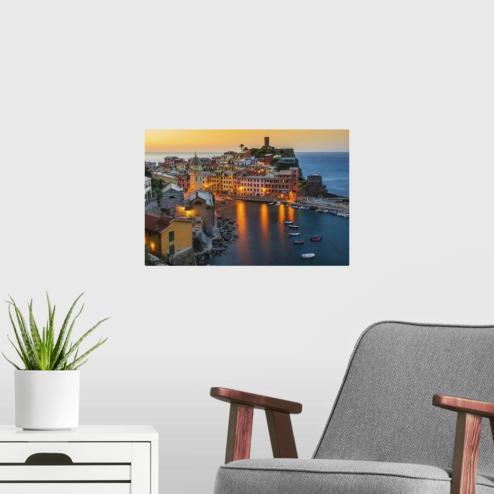 A modern room featuring Top view at sunrise of the picturesque sea village of Vernazza, Cinque Terre, Liguria, Italy