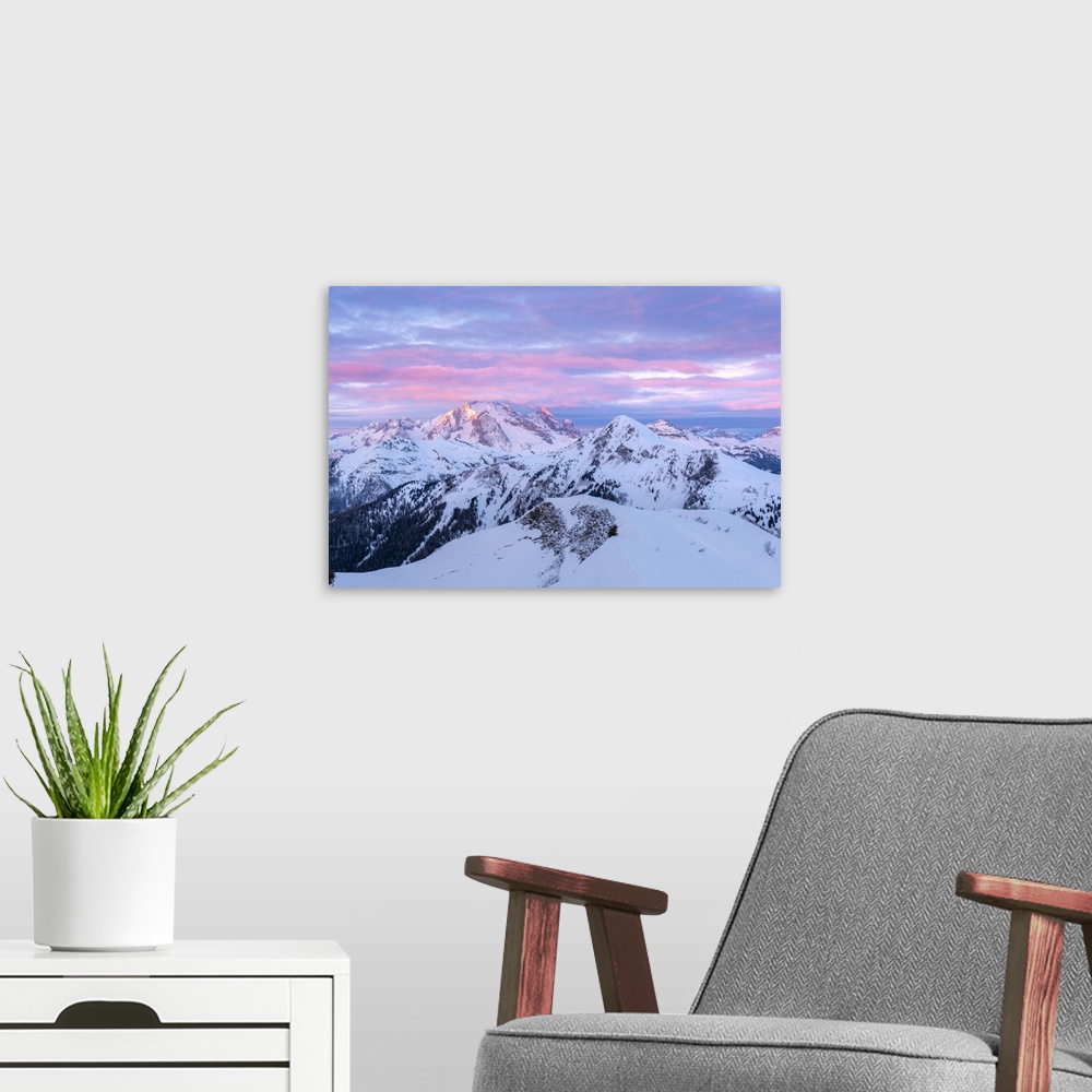 A modern room featuring Sunrise on the Dolimites. Europe, Italy, Veneto, Giau pass, Belluno province.