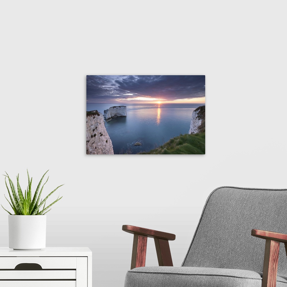 A modern room featuring Sunrise over Old Harry Rocks, Jurassic Coast, Dorset, England. Spring