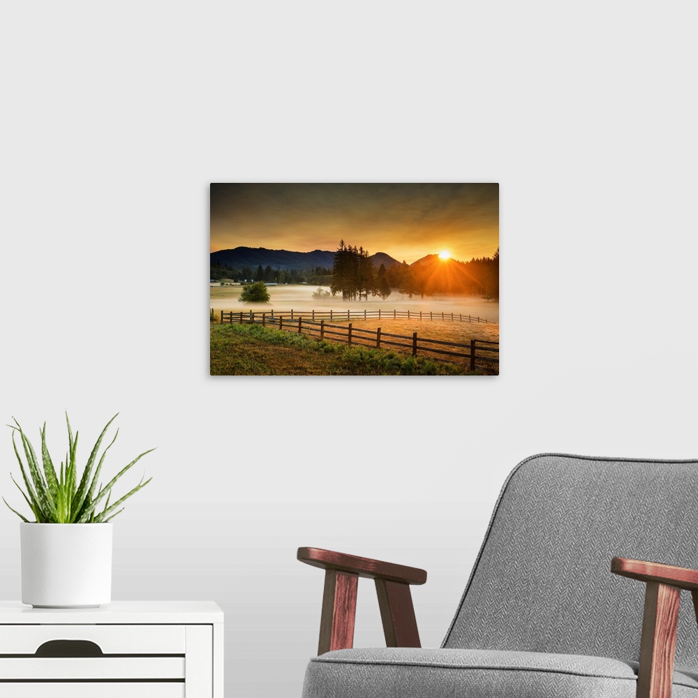 A modern room featuring Sunrise Over Sul Duc Valley, Washington, USA