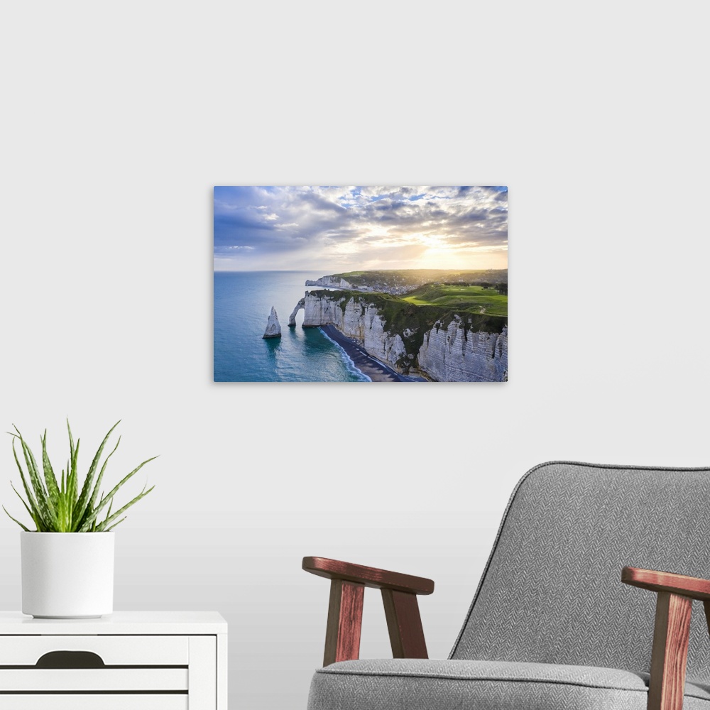 A modern room featuring Sunrise over the cliff of Etretat, Octeville sur Mer, Le Havre, Seine Maritime, Normandy, France,...