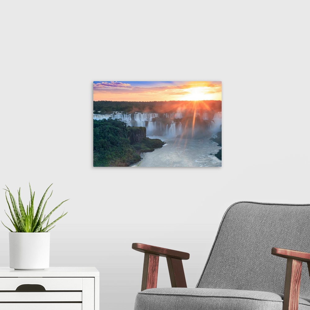 A modern room featuring Brazil, Parana State, Sunrise Over The Iguacu Or Iguazu Falls As Photographed From The Brazilian ...