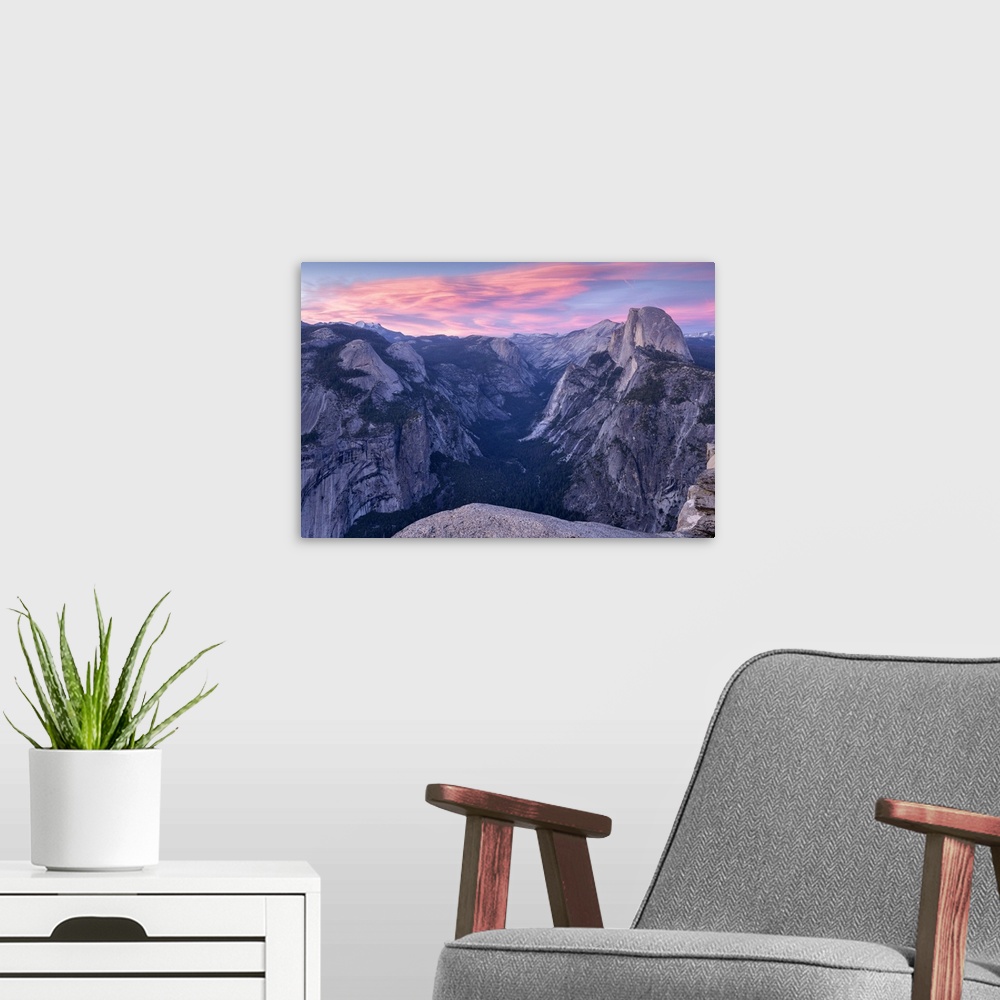 A modern room featuring Sunset above Yosemite Valley and Half Dome, viewed from Glacier Point, Yosemite, California, USA....