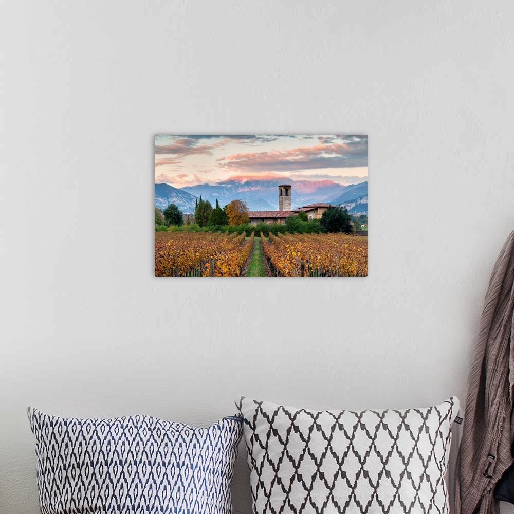 A bohemian room featuring Sunset Among The Vineyards Overlooking Mount Guglielmo, Brescia Province, Lombardy District, Italy.