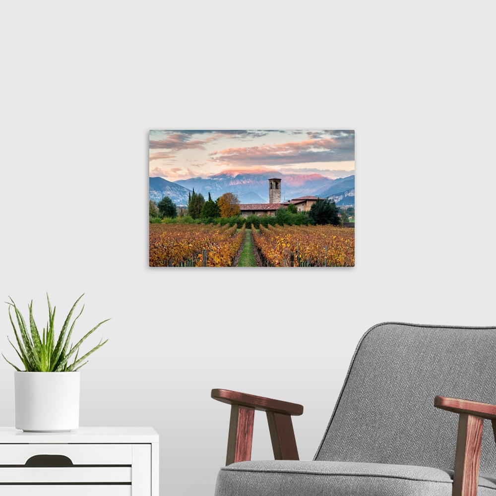 A modern room featuring Sunset Among The Vineyards Overlooking Mount Guglielmo, Brescia Province, Lombardy District, Italy.