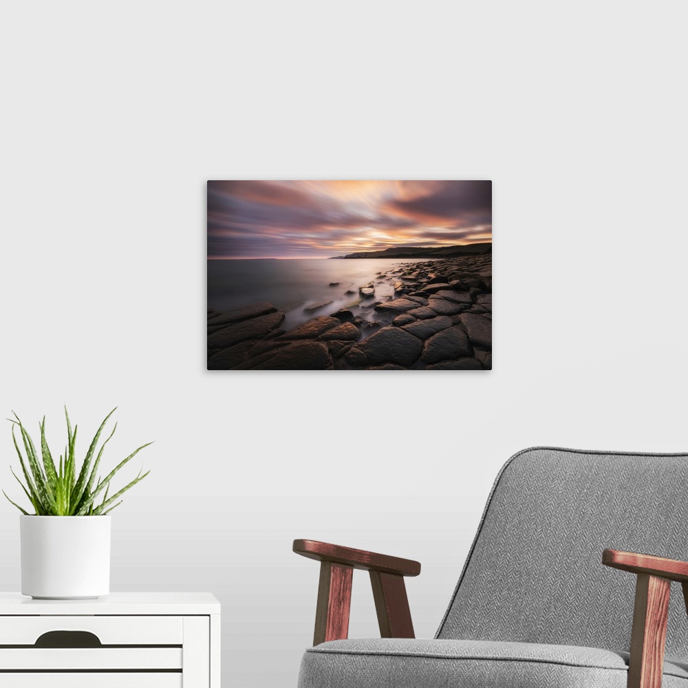 A modern room featuring Sunset at Kimmeridge Bay, Isle of Purbeck, Jurassic Coast, Dorset, England, UK.