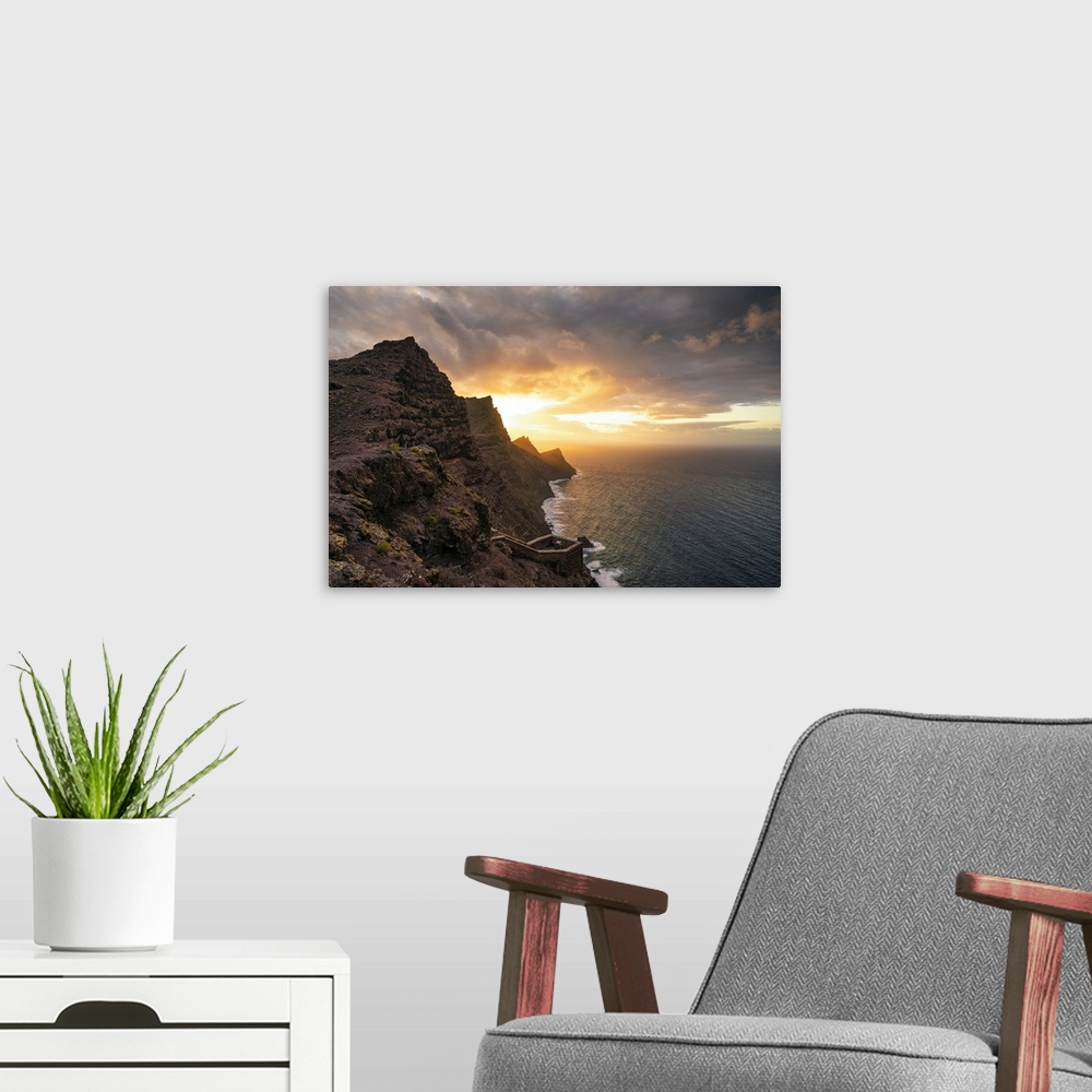 A modern room featuring Sunset at Mirador del Balcon, Tamadaba natural park, Gran Canaria, Canary Islands, Spain