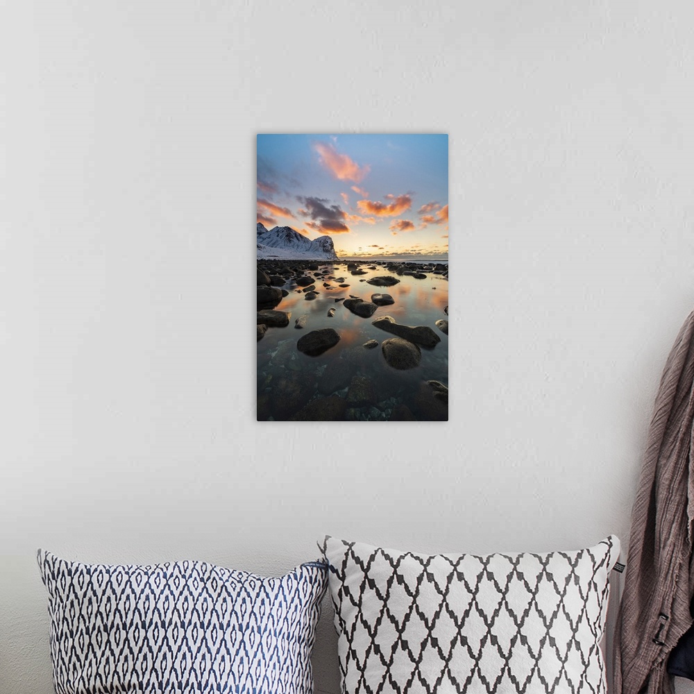 A bohemian room featuring Sunset at Unstad Beach in winter. Vestvagoy municipality, Nordland county, Northern Norway, Norway.