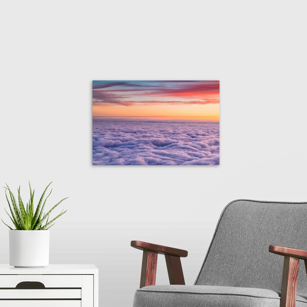 A modern room featuring Sunset From Mount Guglielmo Above The Clouds, Brescia Province, Lombardy District, Italy.