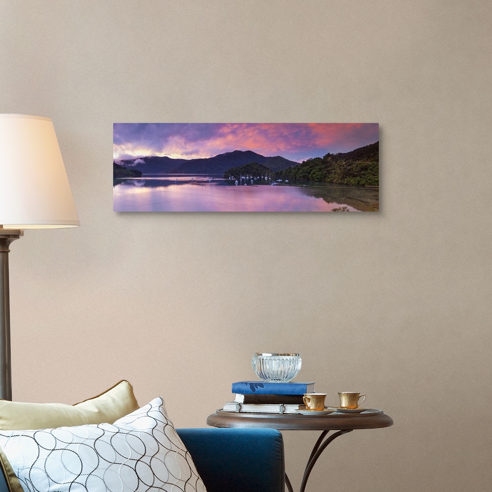 A traditional room featuring Sunset illuminates the picturesque Ngakuta Bay, Queen Charlotte Sound, Marlborough Sounds, South ...