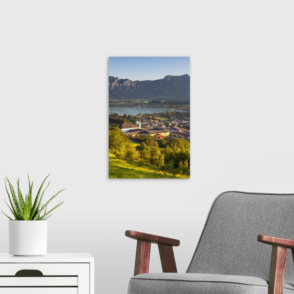 A modern room featuring Sunset over idyllic landscape, Mondsee, Mondsee Lake, Salzkammergut, Austria