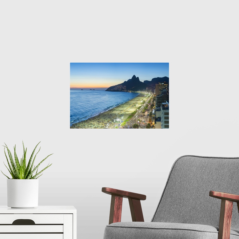 A modern room featuring Sunset over Ipanema Beach and Dois Irmaos (Two Brothers) mountain, Rio de Janeiro, Brazil, South ...