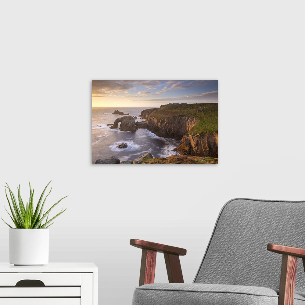A modern room featuring Sunset over Land's End on the western tip of Cornwall, England. Autumn, September, 2015.