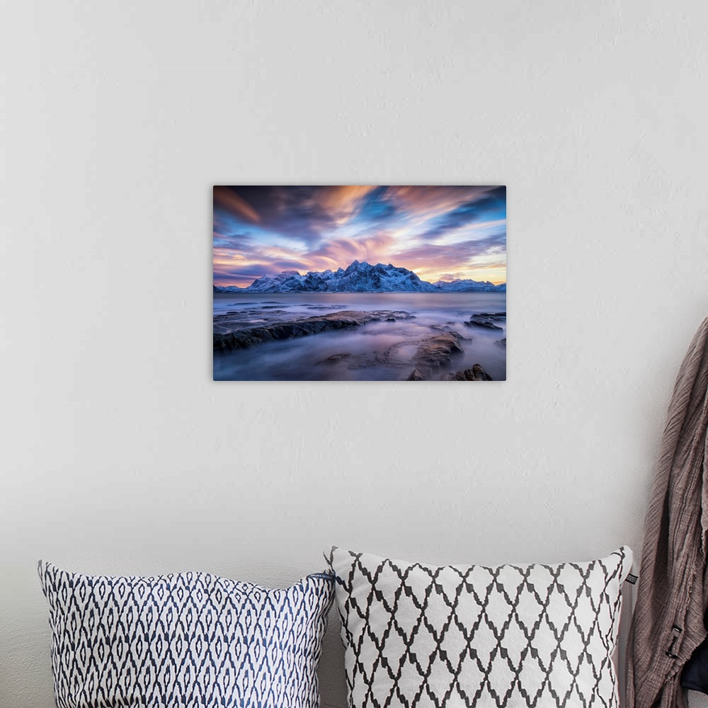 A bohemian room featuring Sunset Sky Over Flakstad, Lofoten Islands, Norway