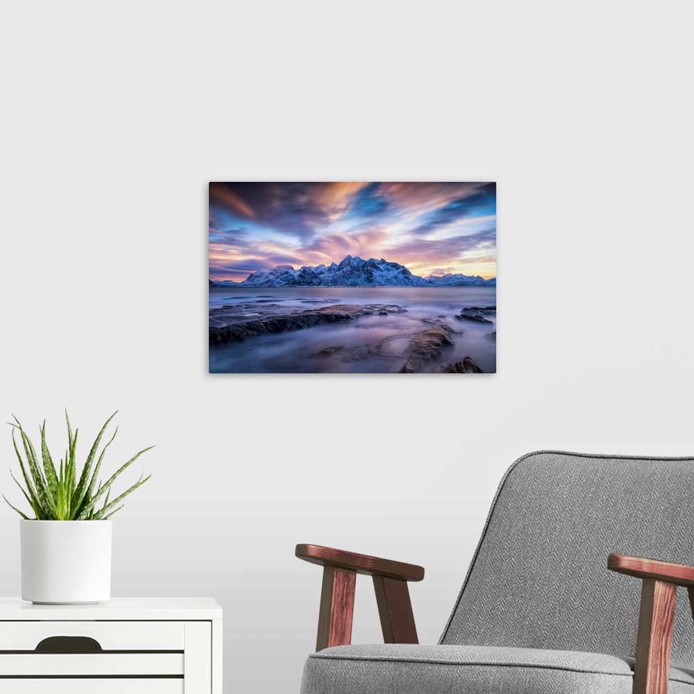 A modern room featuring Sunset Sky Over Flakstad, Lofoten Islands, Norway