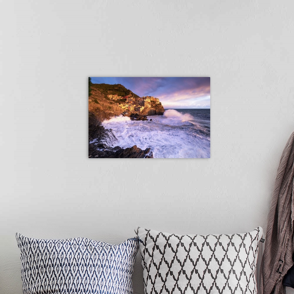 A bohemian room featuring Dream sunset during a storm over the village of Manarola, Cinque Terre National Park, municipalit...
