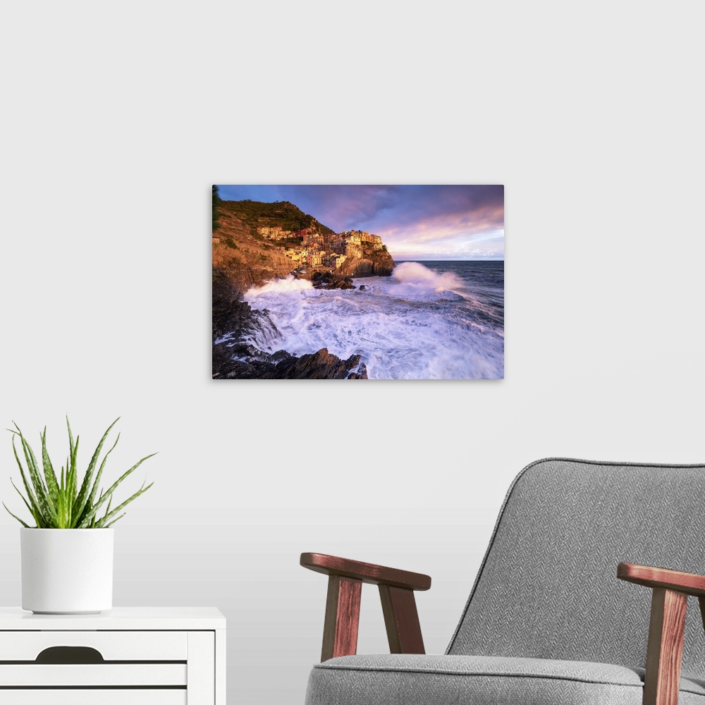 A modern room featuring Dream sunset during a storm over the village of Manarola, Cinque Terre National Park, municipalit...