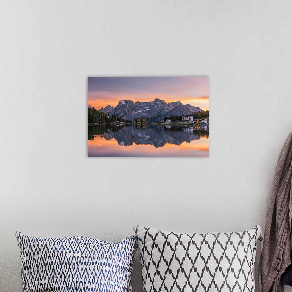 A bohemian room featuring Sunset view over Lake Misurima with Sorapis mountain group in the background, Misurina, Veneto, I...