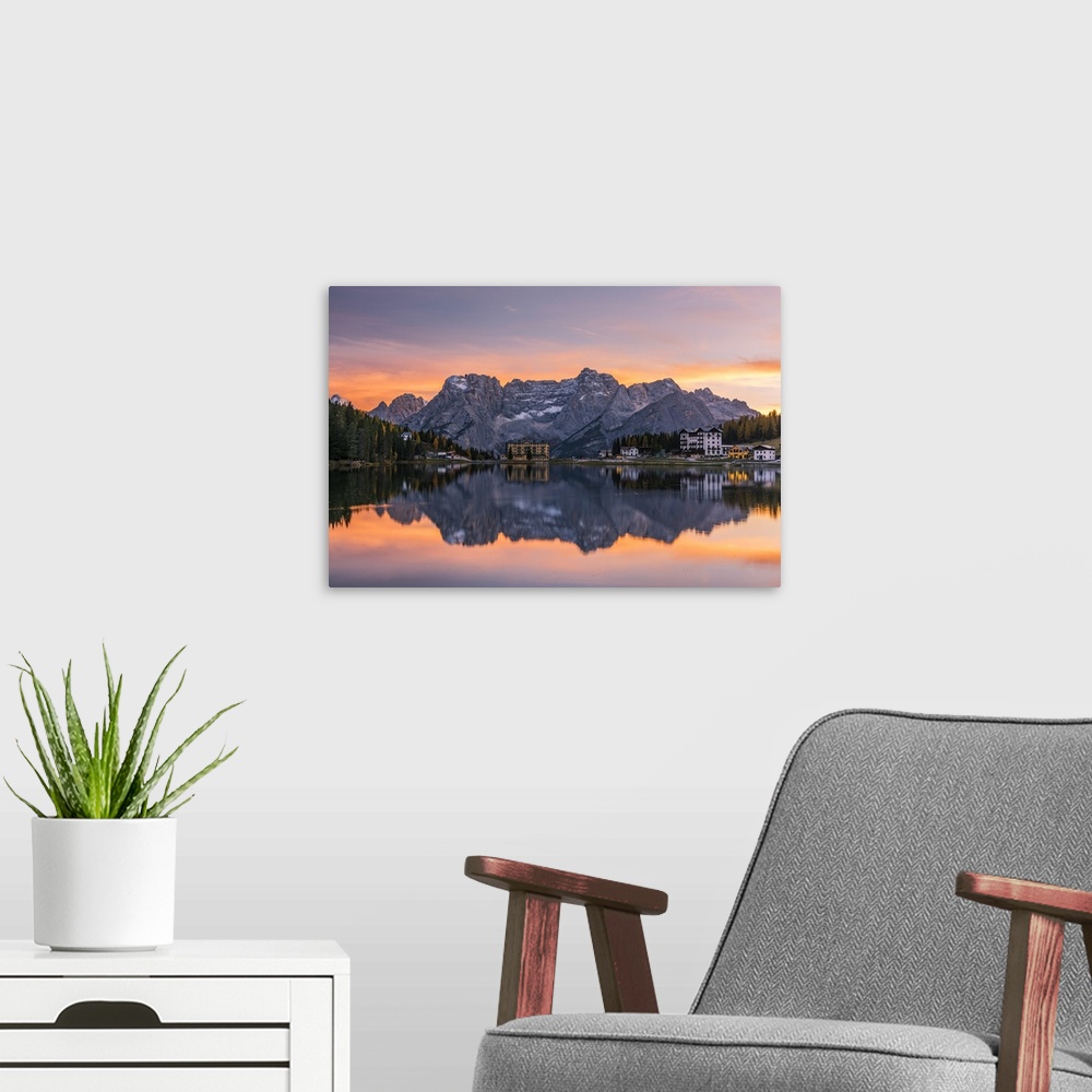 A modern room featuring Sunset view over Lake Misurima with Sorapis mountain group in the background, Misurina, Veneto, I...
