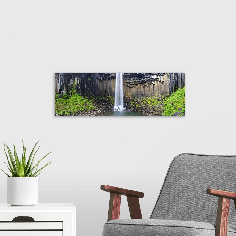A modern room featuring Svartifoss waterfall, Skaftafell park, Iceland