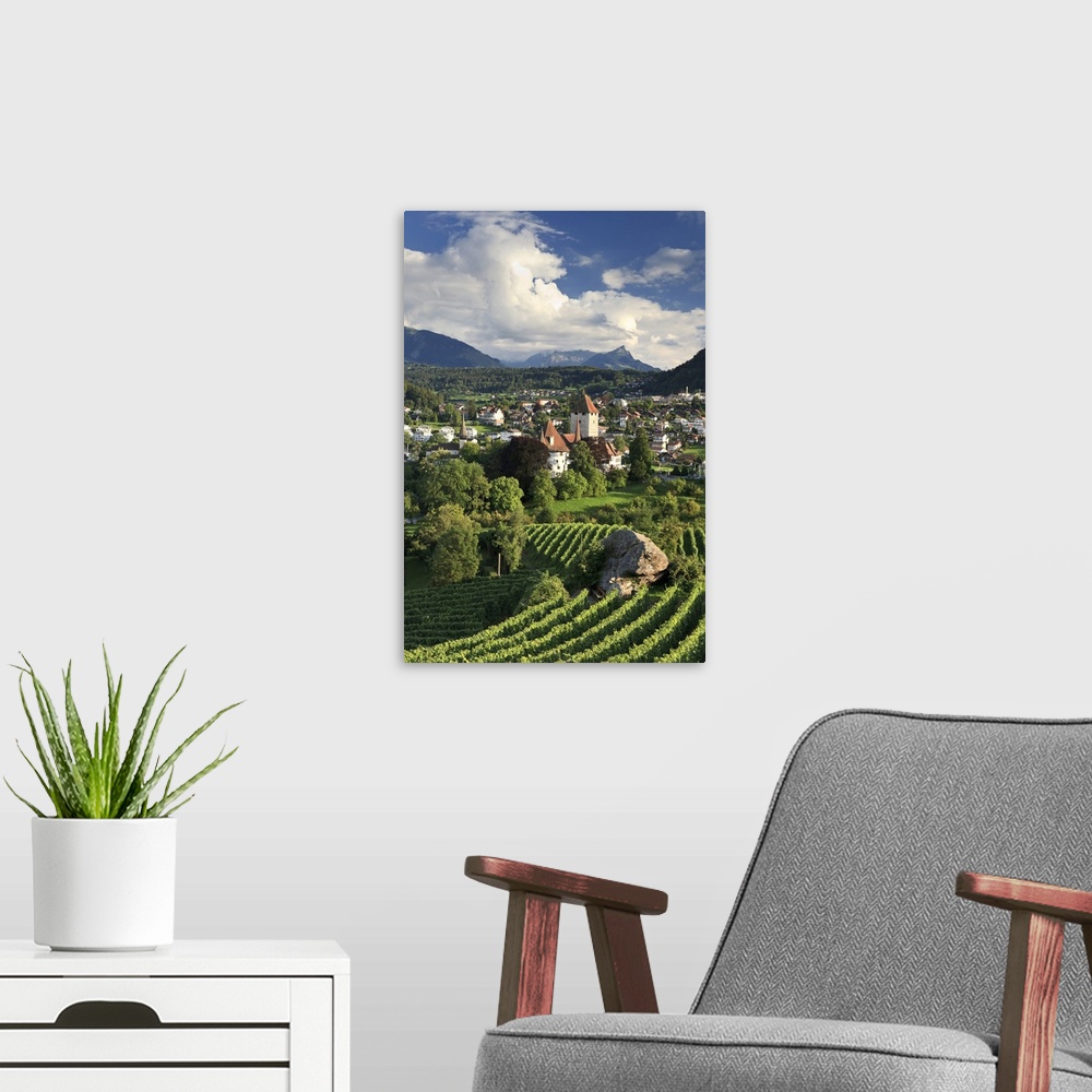 A modern room featuring Switzerland, Bernese Oberland, Lake Thun, Spiez Castle