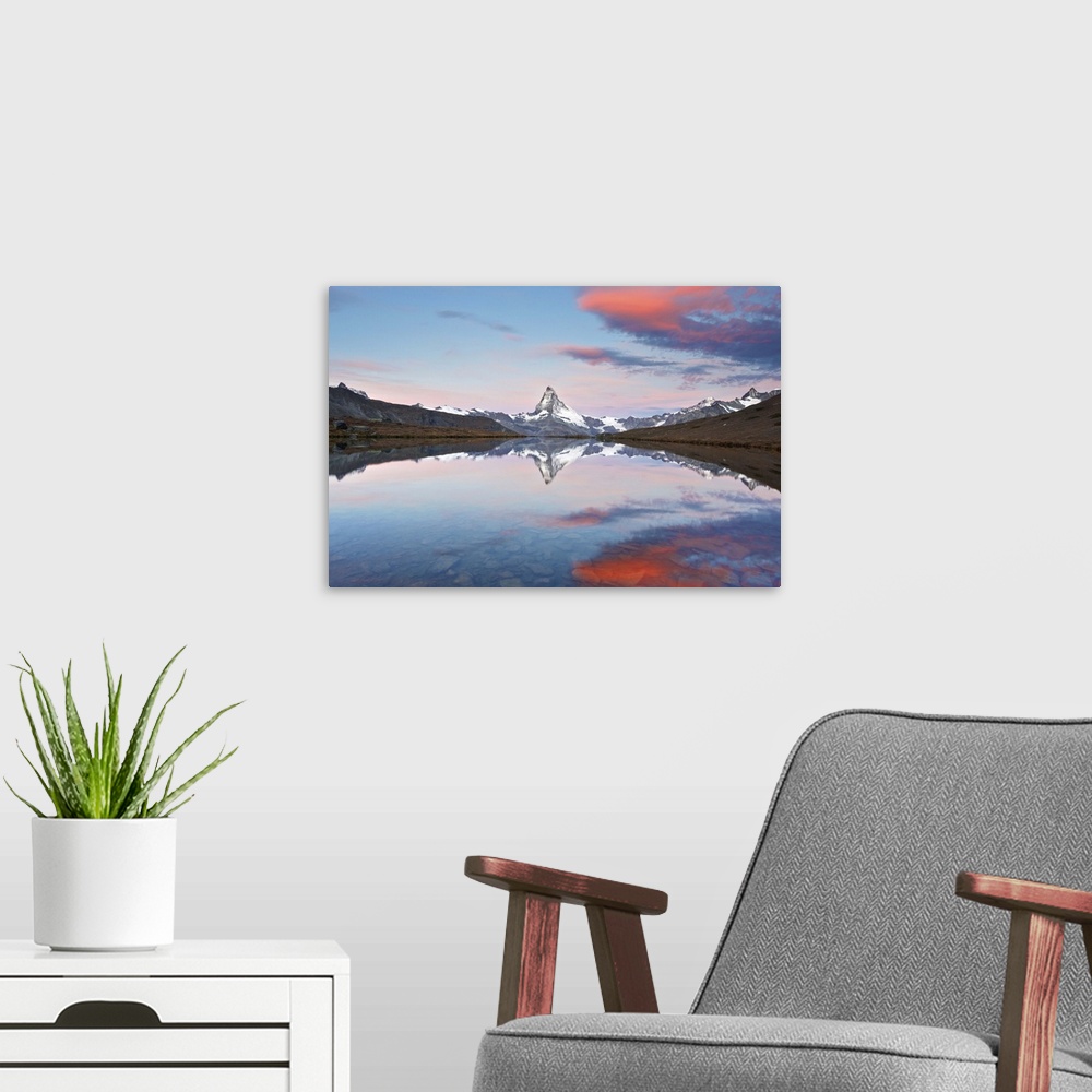 A modern room featuring Switzerland, Valais, Matterhorn, Beautiful Morning Light and reflection at Stellisee Lake