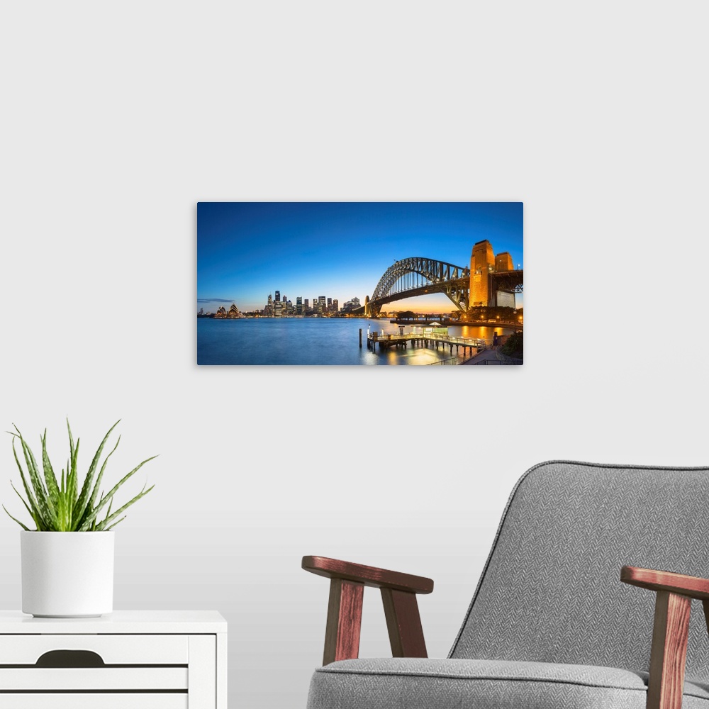 A modern room featuring Sydney Harbour Bridge And Skyline At Sunset, Sydney, New South Wales, Australia