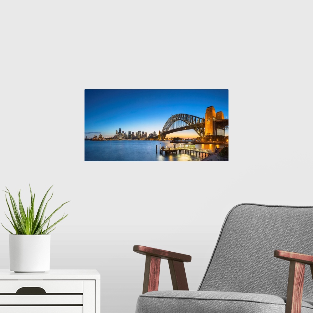 A modern room featuring Sydney Harbour Bridge And Skyline At Sunset, Sydney, New South Wales, Australia