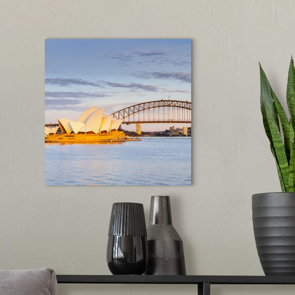 A modern room featuring Sydney Opera House and Harbour Bridge, Darling Harbour, Sydney, New South Wales, Australia.