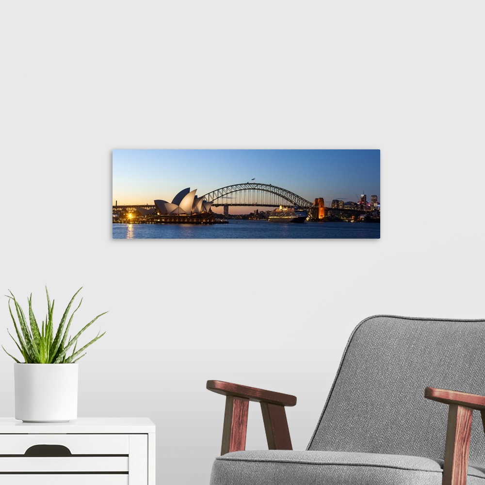 A modern room featuring Sydney Opera House and Harbour Bridge, Darling Harbour, Sydney, New South Wales, Australia.