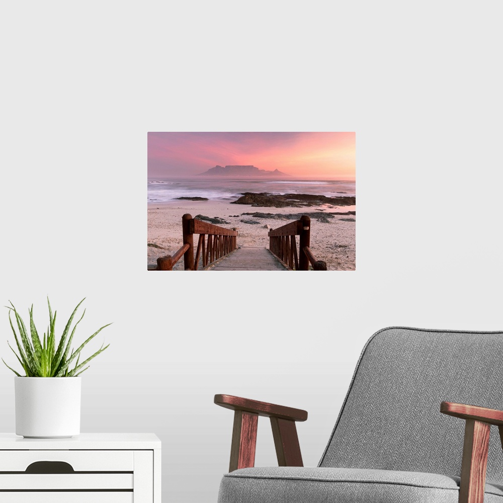 A modern room featuring View of Table Mountain from Bloubergstrand at sunset, Cape Town, Western Cape, South Africa