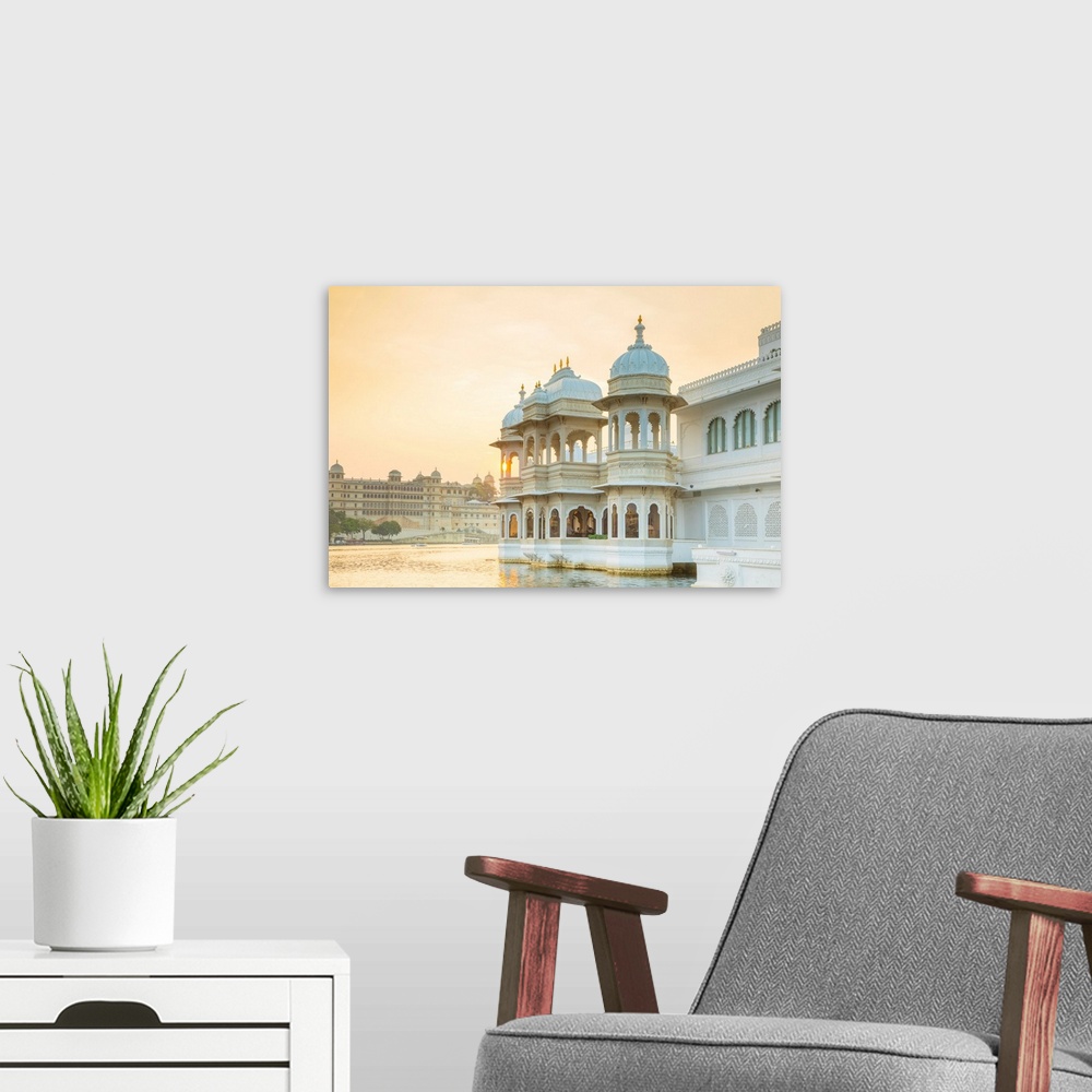 A modern room featuring Taj Lake Palace And City Palace, Lake Pichola, Udaipur, Rajasthan, India