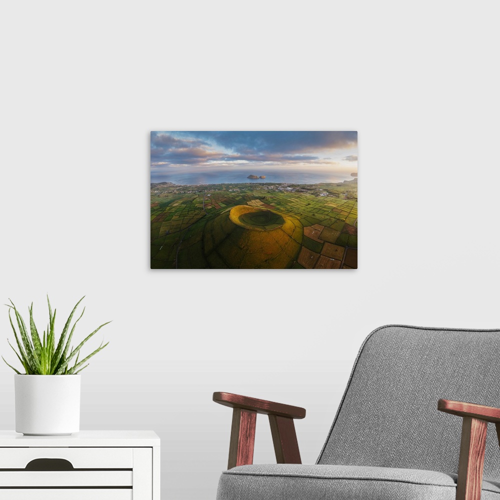 A modern room featuring Terceira island, Azores, Portugal, Craters and pasture fields.