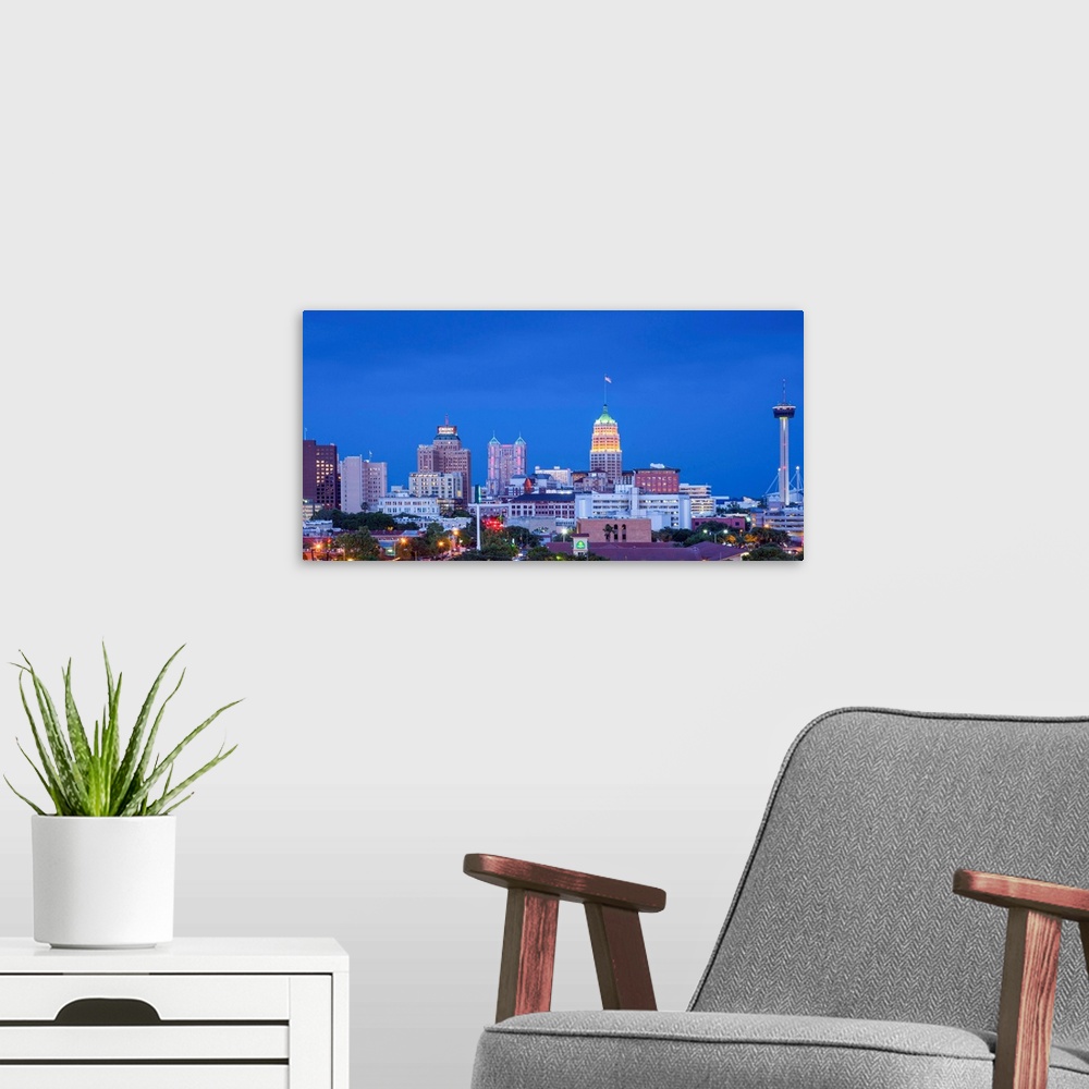 A modern room featuring Texas, San Antonio, Skyline, Illuminated Tower Life Building, Tower Of The Americas Observation T...