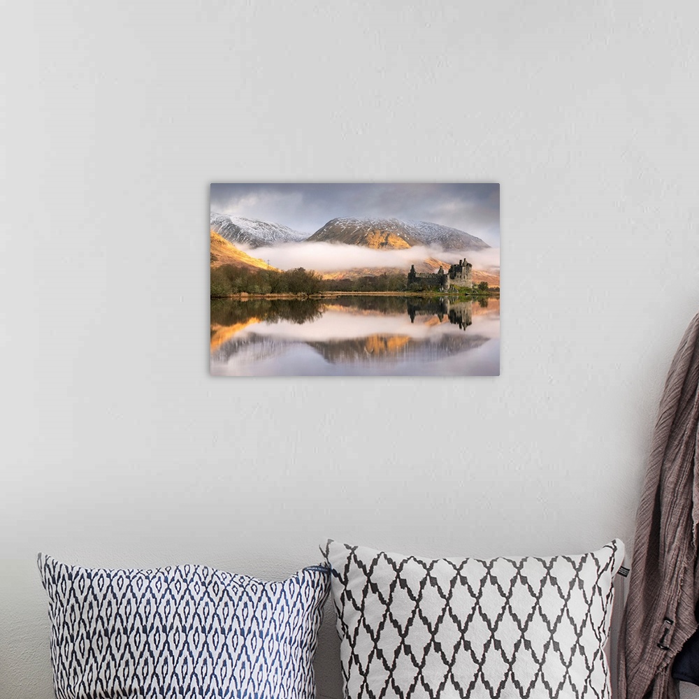 A bohemian room featuring The abandoned ruin of Kilchurn Castle on a misty winter morning, Loch Awe, Argyll & Bute, Scotlan...