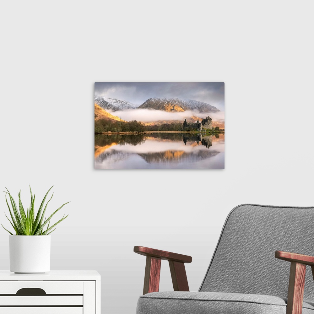 A modern room featuring The abandoned ruin of Kilchurn Castle on a misty winter morning, Loch Awe, Argyll & Bute, Scotlan...
