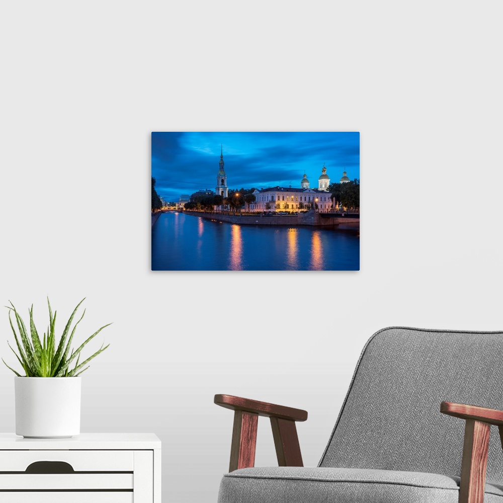 A modern room featuring The Bell Tower And Domes Of Saint Nicholas Naval Cathedral On Griboyedov Canal At Dusk, Saint Pet...