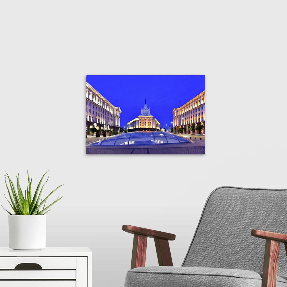 A modern room featuring The building of the former Communist Party Headquarters now used by the National Assembly of Bulg...