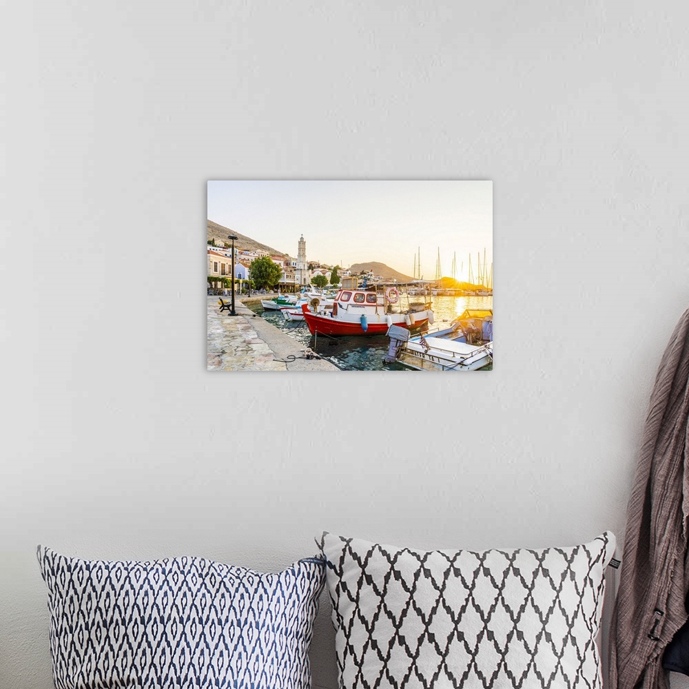 A bohemian room featuring The Colorful Harbor At Sunrise, In Halki, Chalki, Dodecanese Islands, Greece