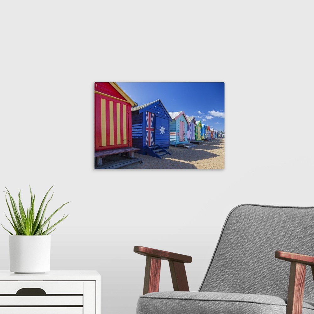 A modern room featuring The colourful Brighton Bathing Boxes located on Middle Brighton Beach, Brighton, Melbourne, Victo...