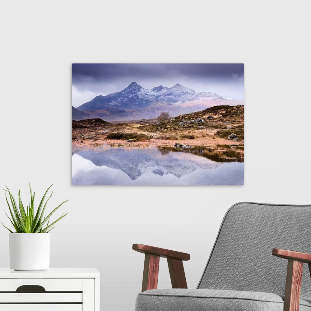 A modern room featuring The Cuillins reflected in the lochan, Sligachan, Isle of Skye, Scotland, UK