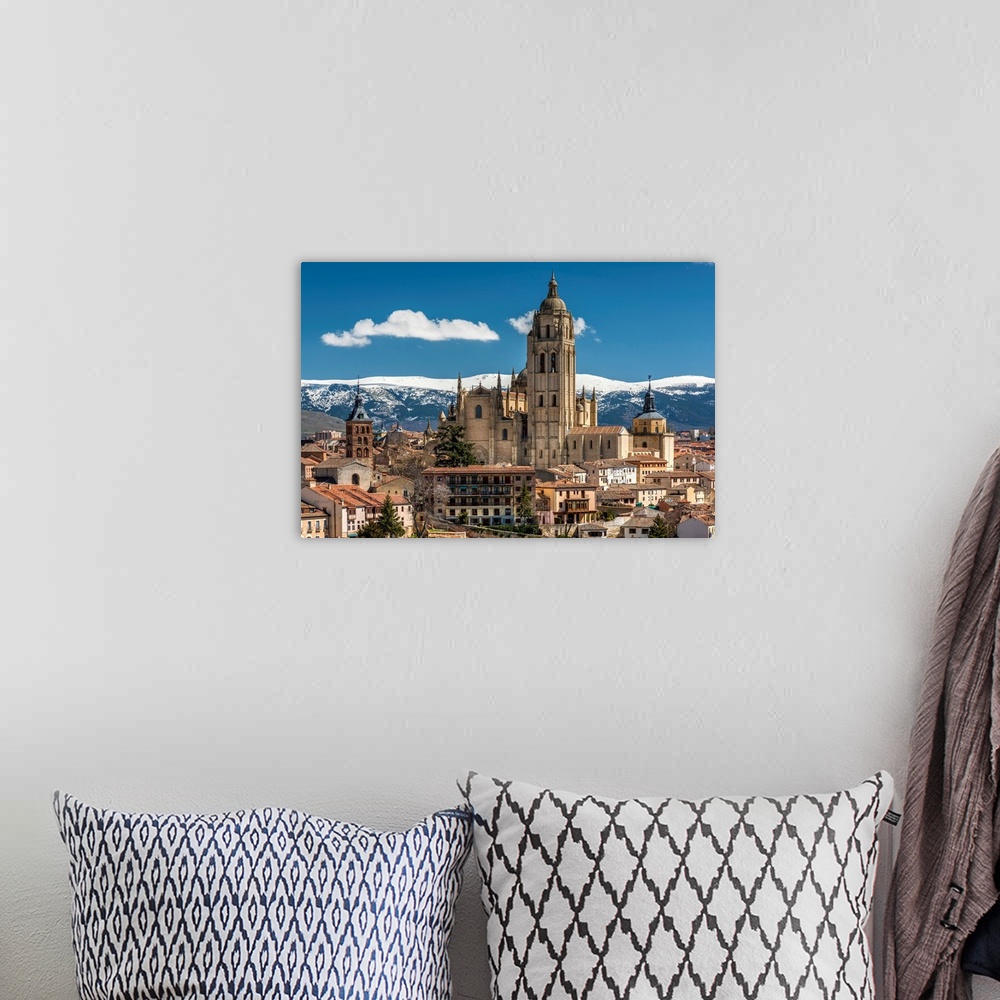 A bohemian room featuring City Skyline With The Gothic Cathedral And The Snowy Mountains Of Sierra De Guadarrama In The Bac...