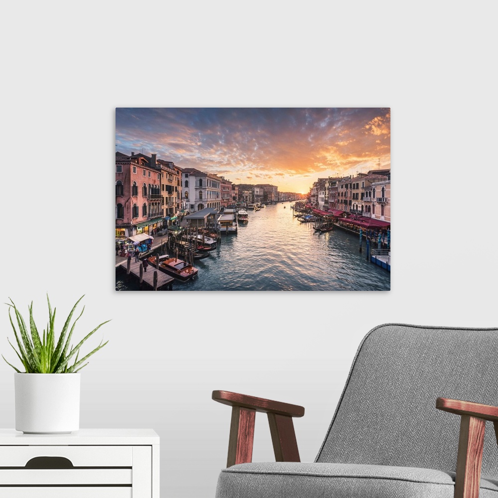 A modern room featuring The Grand Canal At Sunset, Venice, Veneto, Italy.