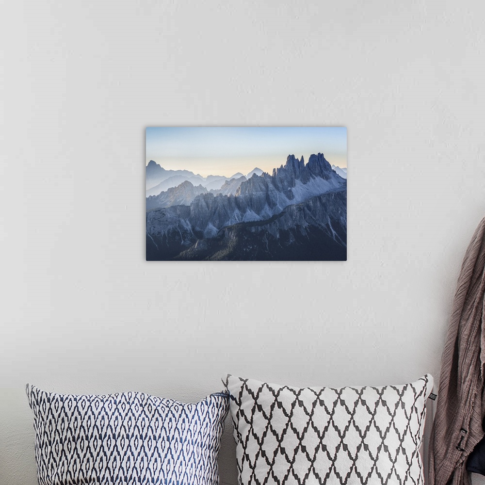 A bohemian room featuring the jagged ridge of the Croda da Lago, group Pelmo Croda da Lago, Dolomites, Belluno, Italy.