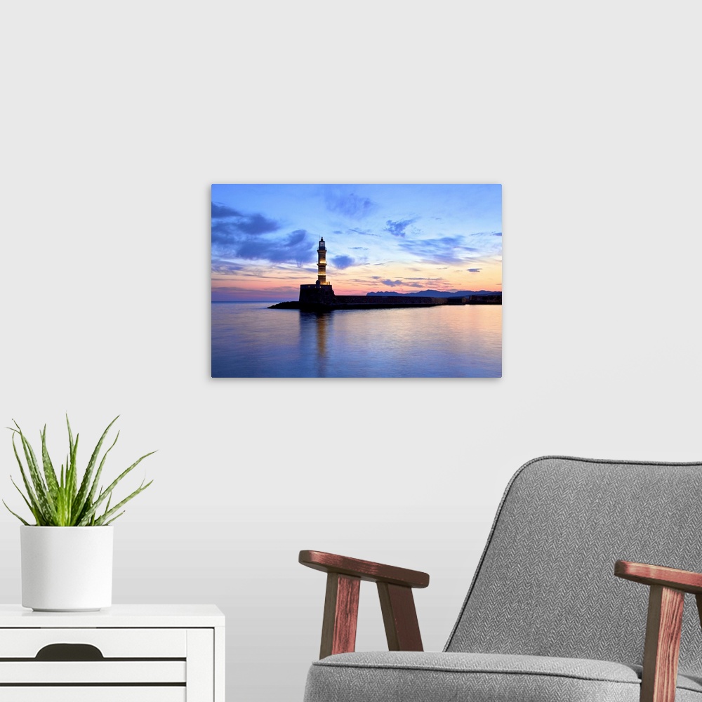 A modern room featuring The Light House in The Venetian Harbour at Sunrise, Chania, Crete, Greek Islands, Greece, Europe